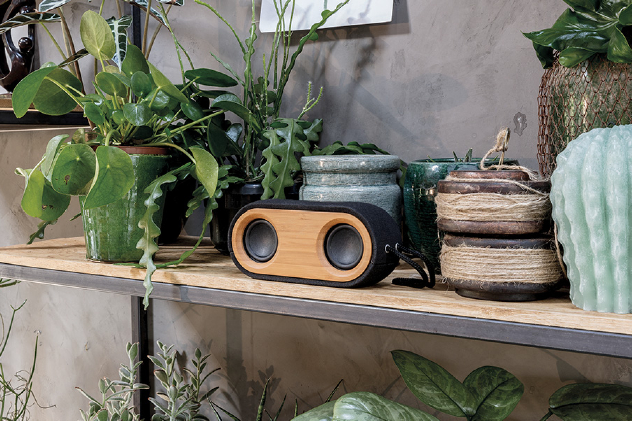 Een speaker van bamboe op een houten schap