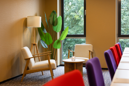 Sfeerbeeld van een vergaderzaal met loungestoelen en een plant bij het raam